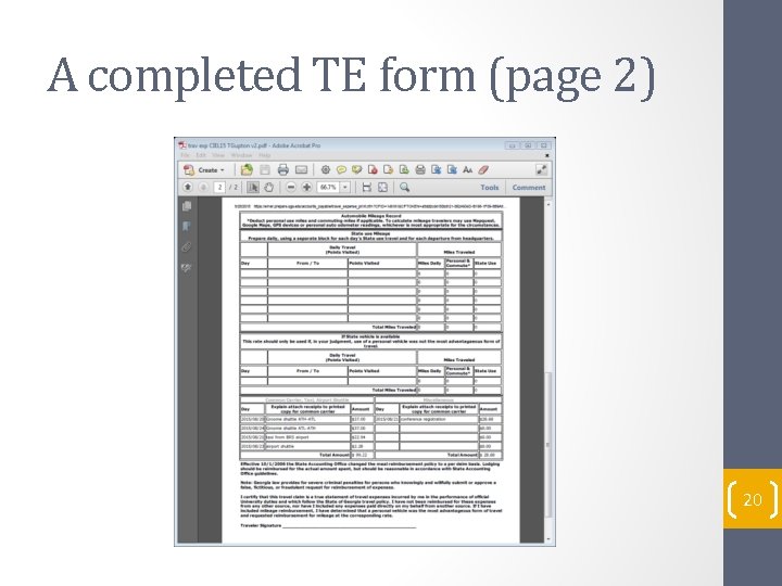 A completed TE form (page 2) 20 