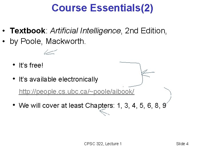 Course Essentials(2) • Textbook: Artificial Intelligence, 2 nd Edition, • by Poole, Mackworth. •