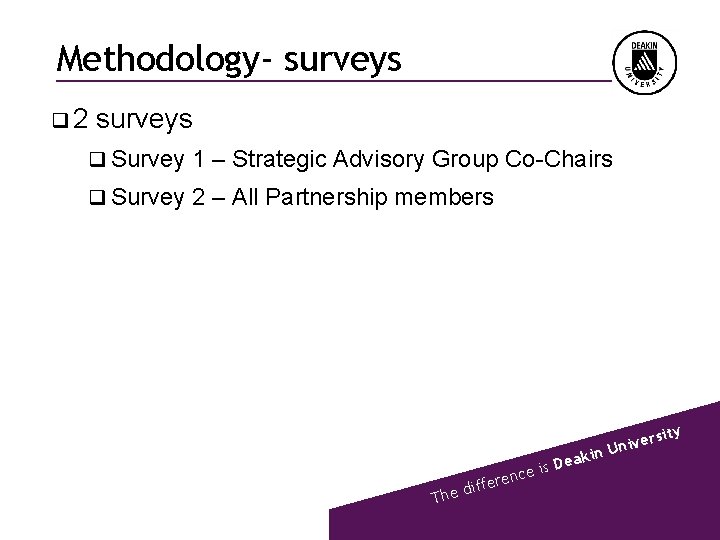 Methodology- surveys q 2 surveys q Survey 1 – Strategic Advisory Group Co-Chairs q