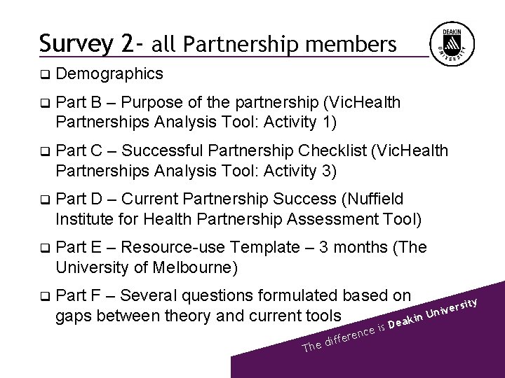 Survey 2 - all Partnership members q Demographics q Part B – Purpose of
