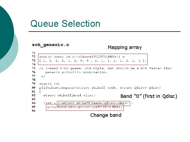 Queue Selection sch_generic. c Mapping array Band “ 0” (first in Qdisc) Change band Queue Selection sch_generic. c Mapping array Band “ 0” (first in Qdisc) Change band
