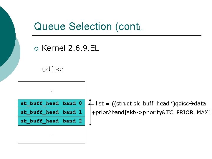 Queue Selection (cont(. ¡ Kernel 2. 6. 9. EL Qdisc … sk_buff_head band 0 Queue Selection (cont(. ¡ Kernel 2. 6. 9. EL Qdisc … sk_buff_head band 0