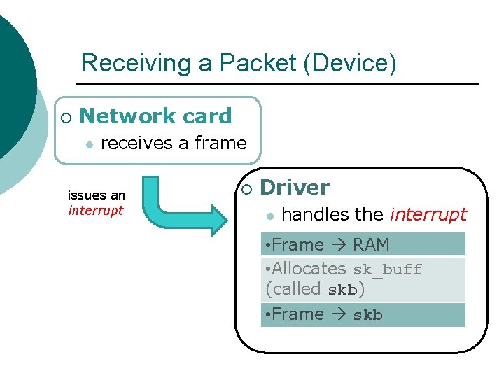 Receiving a Packet (Device) ¡ Network card l receives a frame issues an interrupt Receiving a Packet (Device) ¡ Network card l receives a frame issues an interrupt