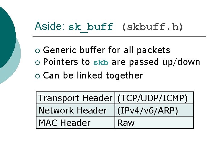 Aside: sk_buff (skbuff. h) Generic buffer for all packets ¡ Pointers to skb are Aside: sk_buff (skbuff. h) Generic buffer for all packets ¡ Pointers to skb are