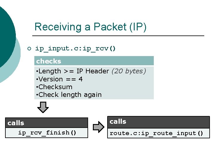 Receiving a Packet (IP) ¡ ip_input. c: ip_rcv() checks • Length >= IP Header Receiving a Packet (IP) ¡ ip_input. c: ip_rcv() checks • Length >= IP Header