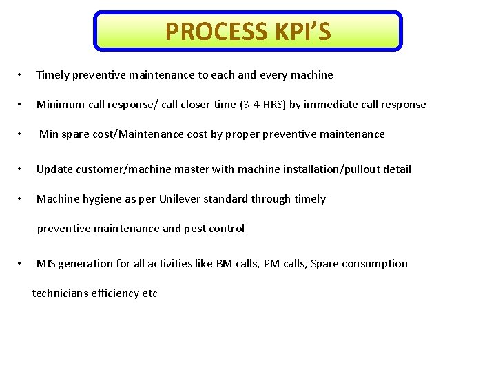 PROCESS KPI’S • Timely preventive maintenance to each and every machine • Minimum call