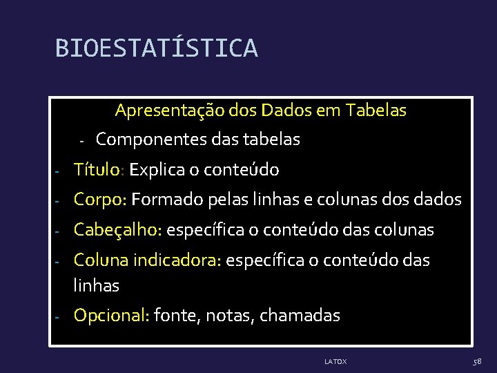 BIOESTATÍSTICA Apresentação dos Dados em Tabelas - Componentes das tabelas - Título: Explica o