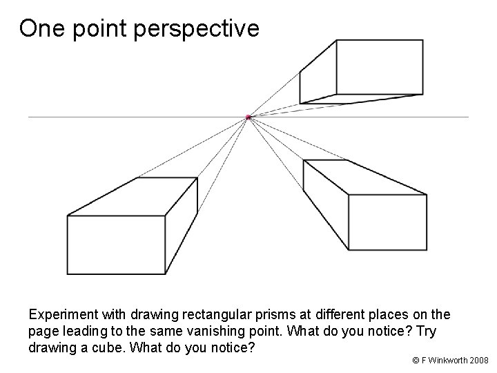 One point perspective Experiment with drawing rectangular prisms at different places on the page