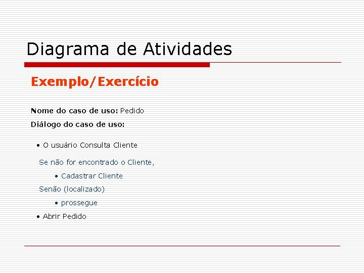 Diagrama de Atividades Exemplo/Exercício Nome do caso de uso: Pedido Diálogo do caso de