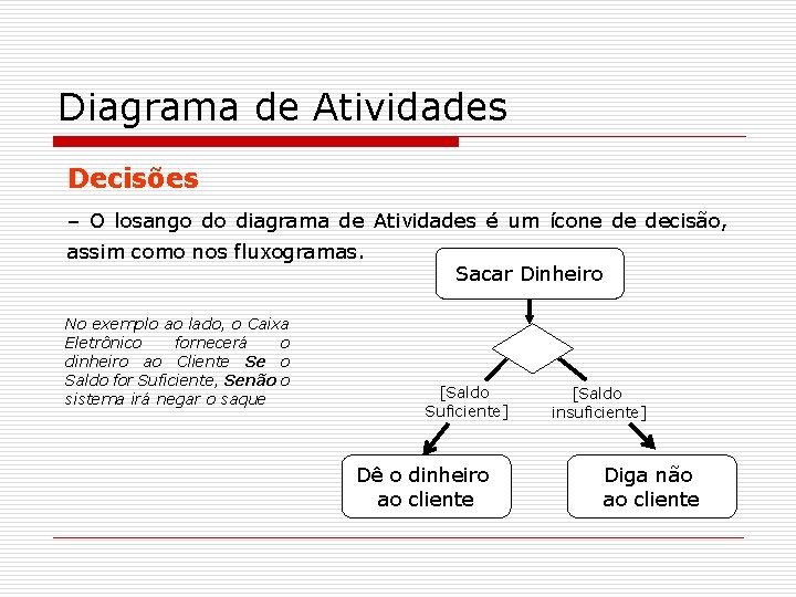 Diagrama de Atividades Decisões – O losango do diagrama de Atividades é um ícone