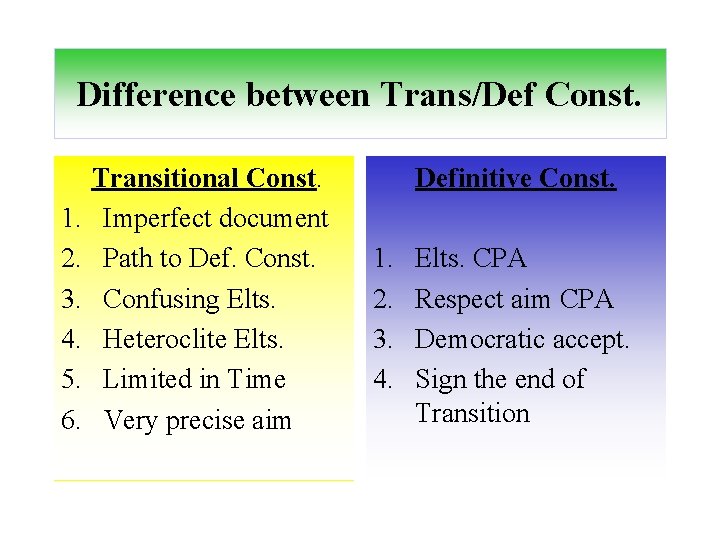 Difference between Trans/Def Const. 1. 2. 3. 4. 5. 6. Transitional Const. Imperfect document