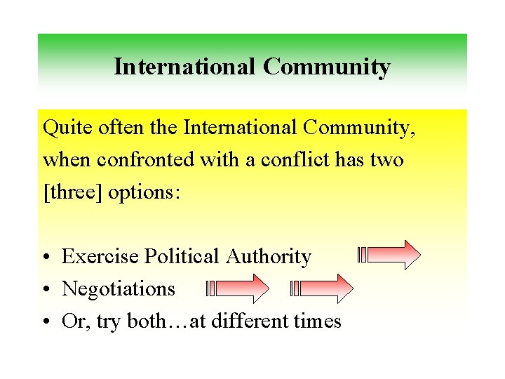 International Community Quite often the International Community, when confronted with a conflict has two