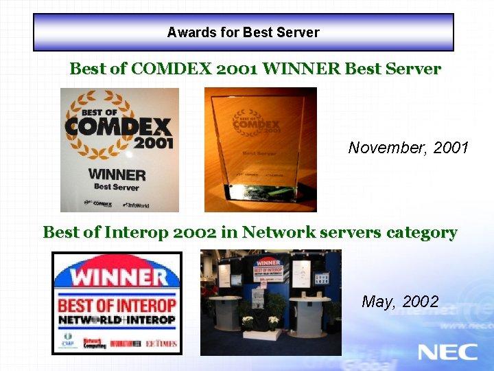 Awards for Best Server Best of COMDEX 2001 WINNER Best Server November, 2001 Best