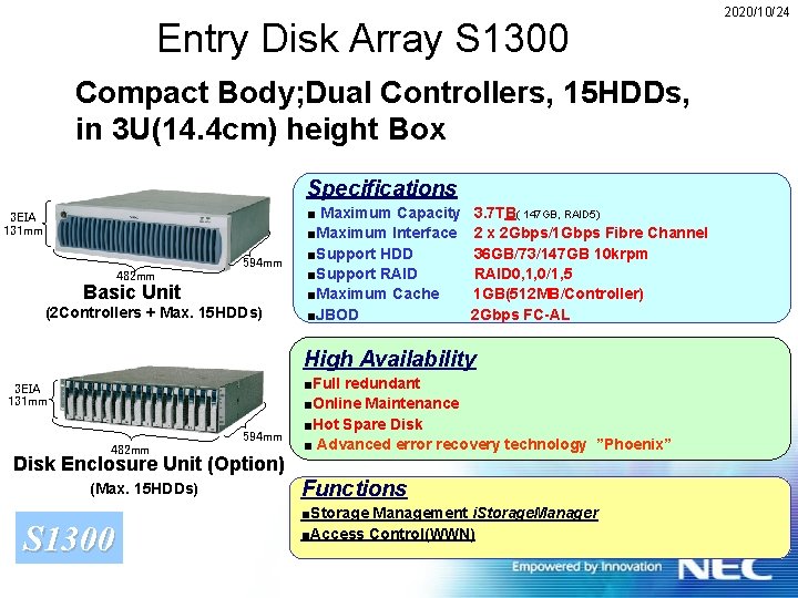 Entry Disk Array S 1300 Compact Body; Dual Controllers, 15 HDDs, in 3 U(14.