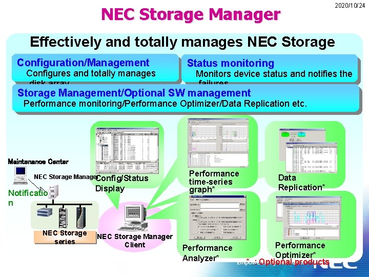 NEC Storage Manager 2020/10/24 Effectively and totally manages NEC Storage Configuration/Management 　 Configures and