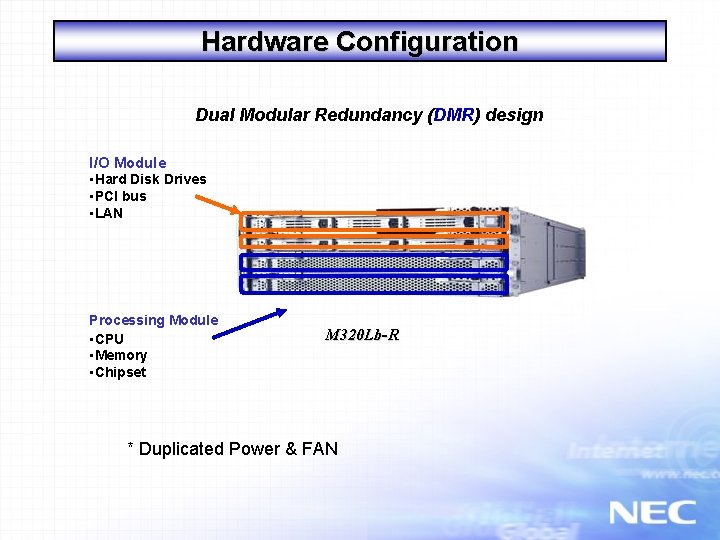 Hardware Configuration Dual Modular Redundancy (DMR) design I/O Module • Hard Disk Drives •