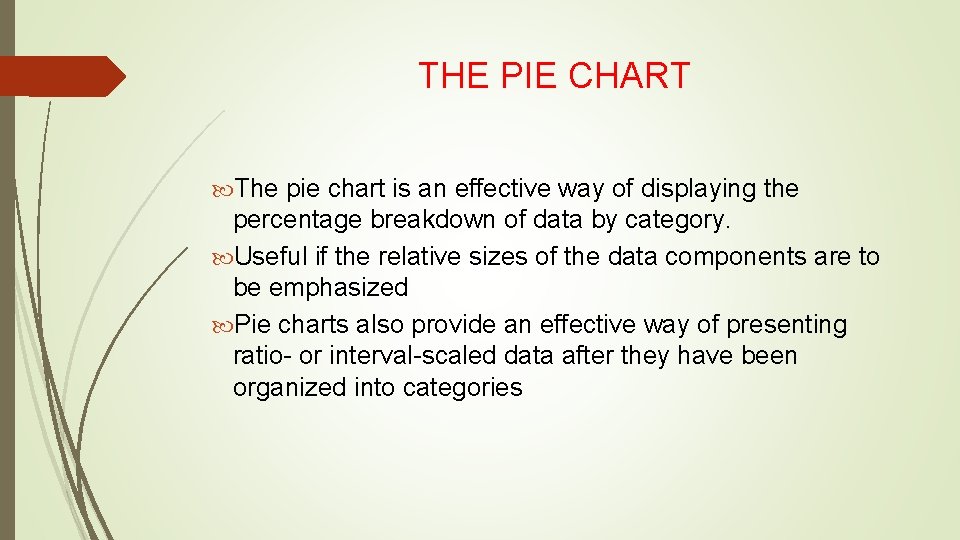 THE PIE CHART The pie chart is an effective way of displaying the percentage