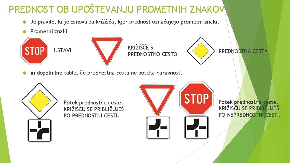 PREDNOST OB UPOŠTEVANJU PROMETNIH ZNAKOV Je pravilo, ki je osnova za križišča, kjer prednost