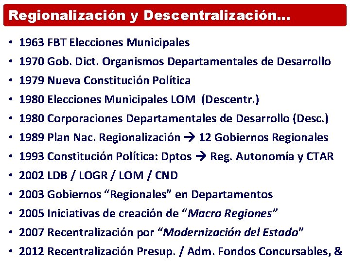 Regionalización y Descentralización… • • • 1963 FBT Elecciones Municipales 1970 Gob. Dict. Organismos