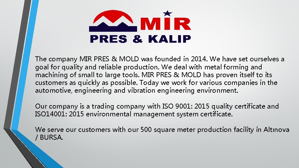 The company MIR PRES & MOLD was founded in 2014. We have set ourselves