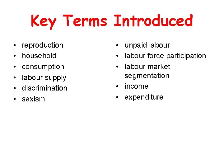 Key Terms Introduced • • • reproduction household consumption labour supply discrimination sexism •