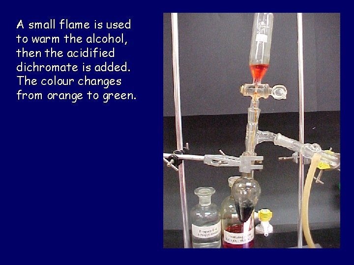 A small flame is used to warm the alcohol, then the acidified dichromate is