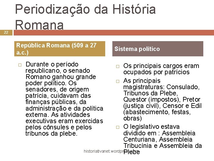 22 Periodização da História Romana República Romana (509 a 27 a. c. ) Durante