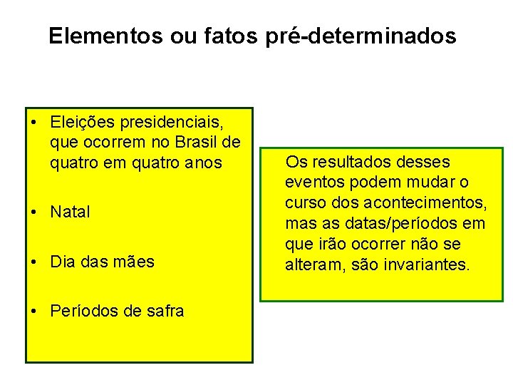Elementos ou fatos pré-determinados • Eleições presidenciais, que ocorrem no Brasil de quatro em