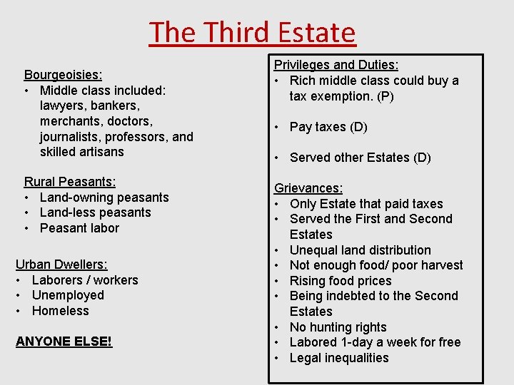 The Third Estate Bourgeoisies: • Middle class included: lawyers, bankers, merchants, doctors, journalists, professors,