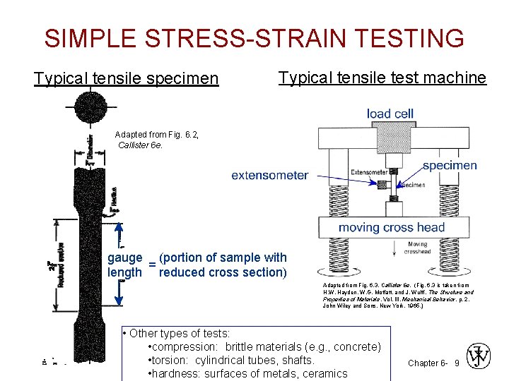 SIMPLE STRESS-STRAIN TESTING Typical tensile specimen Typical tensile test machine Adapted from Fig. 6.