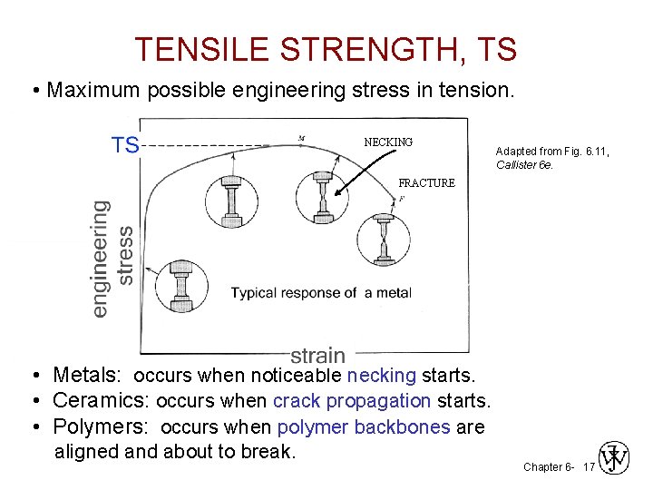TENSILE STRENGTH, TS • Maximum possible engineering stress in tension. NECKING Adapted from Fig.