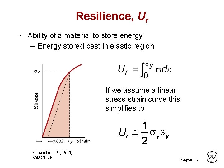 Resilience, Ur • Ability of a material to store energy – Energy stored best