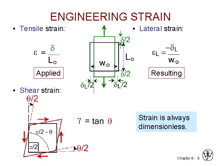 ENGINEERING STRAIN • Tensile strain: Applied • Lateral strain: Resulting • Shear strain: Strain