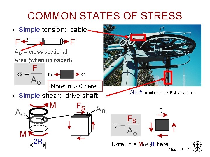 COMMON STATES OF STRESS • Simple tension: cable F F A o = cross