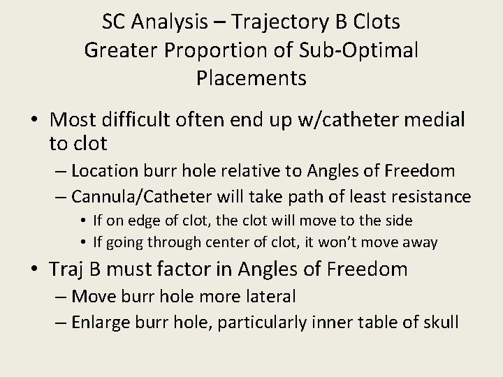 SC Analysis – Trajectory B Clots Greater Proportion of Sub-Optimal Placements • Most difficult