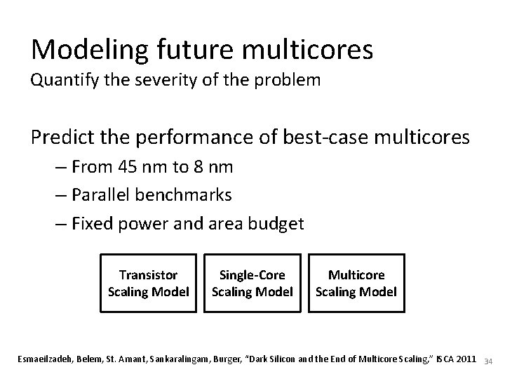 Modeling future multicores Quantify the severity of the problem Predict the performance of best-case Modeling future multicores Quantify the severity of the problem Predict the performance of best-case