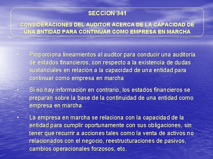 SECCION 341 CONSIDERACIONES DEL AUDITOR ACERCA DE LA CAPACIDAD DE UNA ENTIDAD PARA CONTINUAR SECCION 341 CONSIDERACIONES DEL AUDITOR ACERCA DE LA CAPACIDAD DE UNA ENTIDAD PARA CONTINUAR