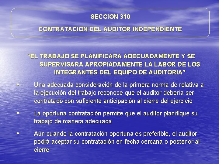 SECCION 310 CONTRATACION DEL AUDITOR INDEPENDIENTE “EL TRABAJO SE PLANIFICARA ADECUADAMENTE Y SE SUPERVISARA SECCION 310 CONTRATACION DEL AUDITOR INDEPENDIENTE “EL TRABAJO SE PLANIFICARA ADECUADAMENTE Y SE SUPERVISARA