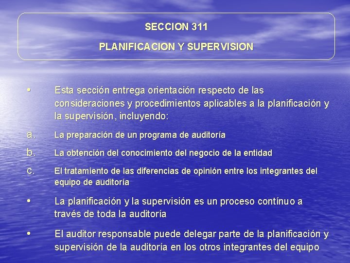 SECCION 311 PLANIFICACION Y SUPERVISION • Esta sección entrega orientación respecto de las consideraciones SECCION 311 PLANIFICACION Y SUPERVISION • Esta sección entrega orientación respecto de las consideraciones