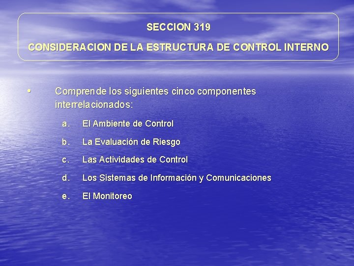 SECCION 319 CONSIDERACION DE LA ESTRUCTURA DE CONTROL INTERNO • Comprende los siguientes cinco SECCION 319 CONSIDERACION DE LA ESTRUCTURA DE CONTROL INTERNO • Comprende los siguientes cinco