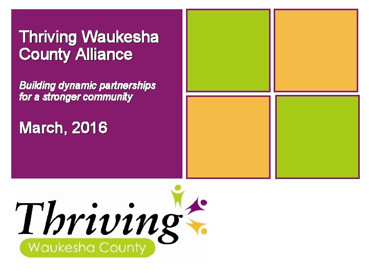 Thriving Waukesha County Alliance Building dynamic partnerships for a stronger community March, 2016 