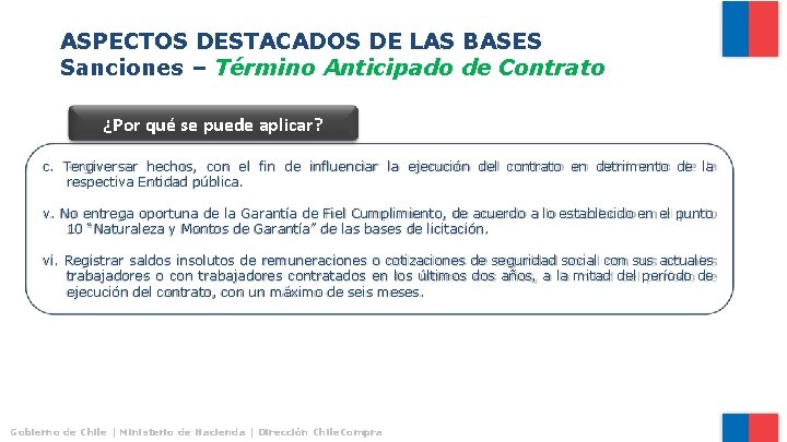 ASPECTOS DESTACADOS DE LAS BASES Sanciones – Término Anticipado de Contrato ¿Por qué se