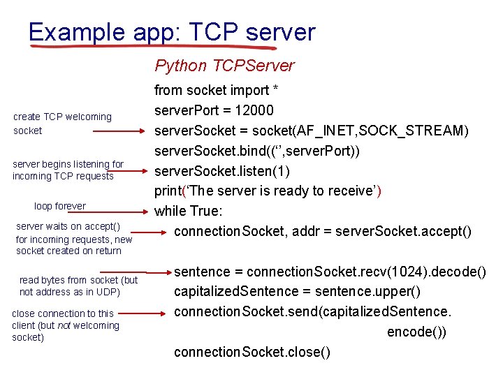 Example app: TCP server Python TCPServer create TCP welcoming socket server begins listening for