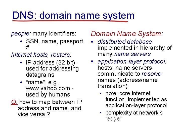 DNS: domain name system people: many identifiers: • SSN, name, passport # Internet hosts,