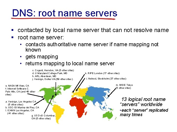 DNS: root name servers § contacted by local name server that can not resolve DNS: root name servers § contacted by local name server that can not resolve