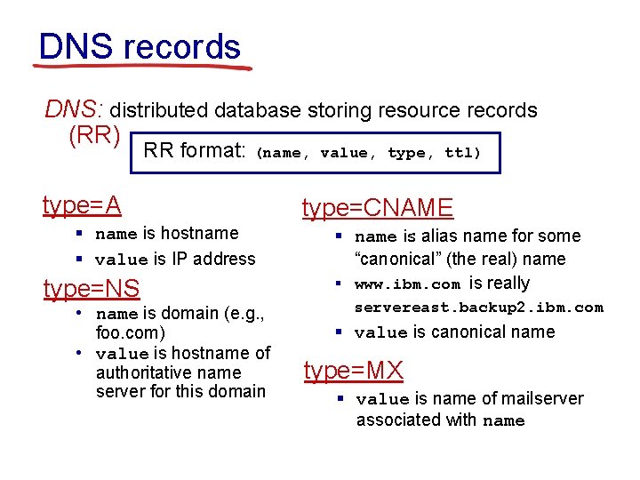 DNS records DNS: distributed database storing resource records (RR) RR format: (name, value, type,