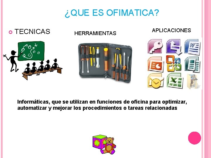 ¿QUE ES OFIMATICA? TECNICAS HERRAMIENTAS APLICACIONES Informáticas, que se utilizan en funciones de oficina