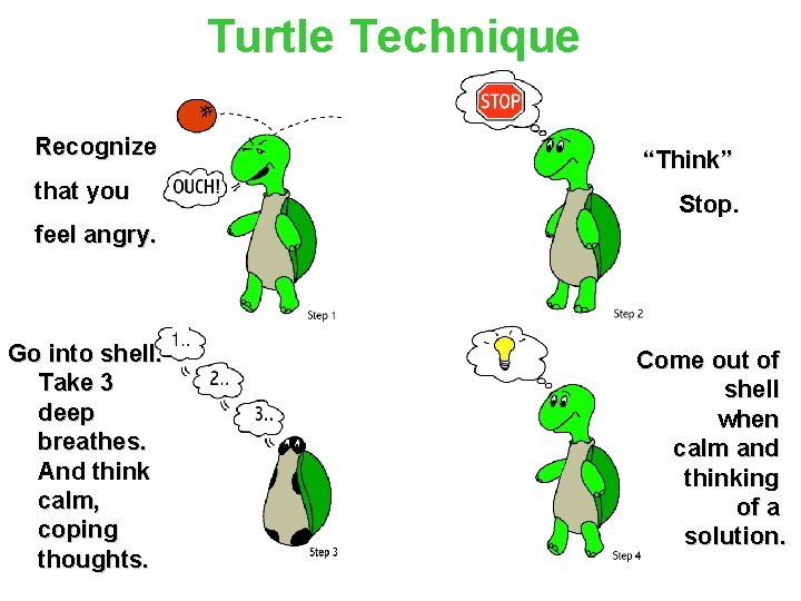 Turtle Technique Recognize that you “Think” Stop. feel angry. Go into shell. Take 3