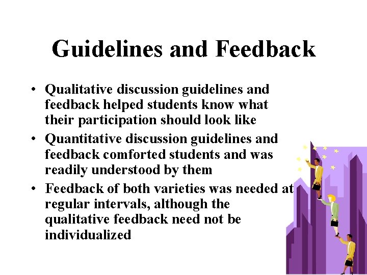 Guidelines and Feedback • Qualitative discussion guidelines and feedback helped students know what their