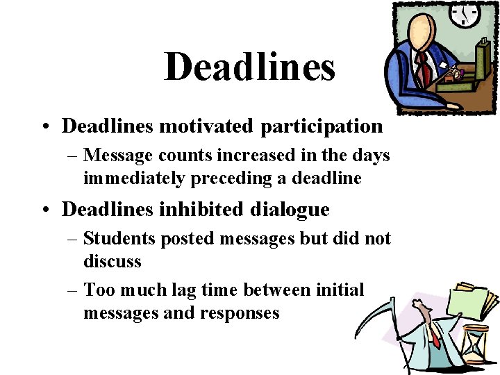 Deadlines • Deadlines motivated participation – Message counts increased in the days immediately preceding